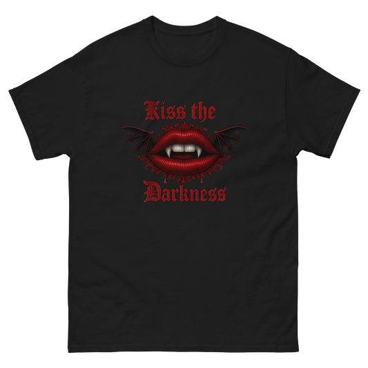 t shirt noir kiss the darkness vu de face